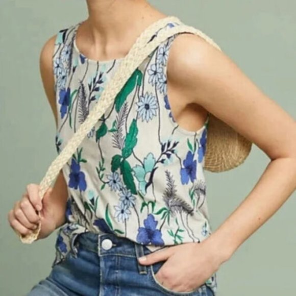 Anthropologie Meadow Rue Tank S Cartagena Boho Embroidered Floral Top Blue Green - Picture 8 of 11